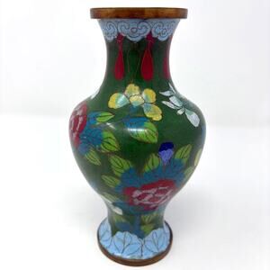 Antique Chinese Cloisonne Jade Green & Cobalt Blue Enameled 1920s Floral Vase